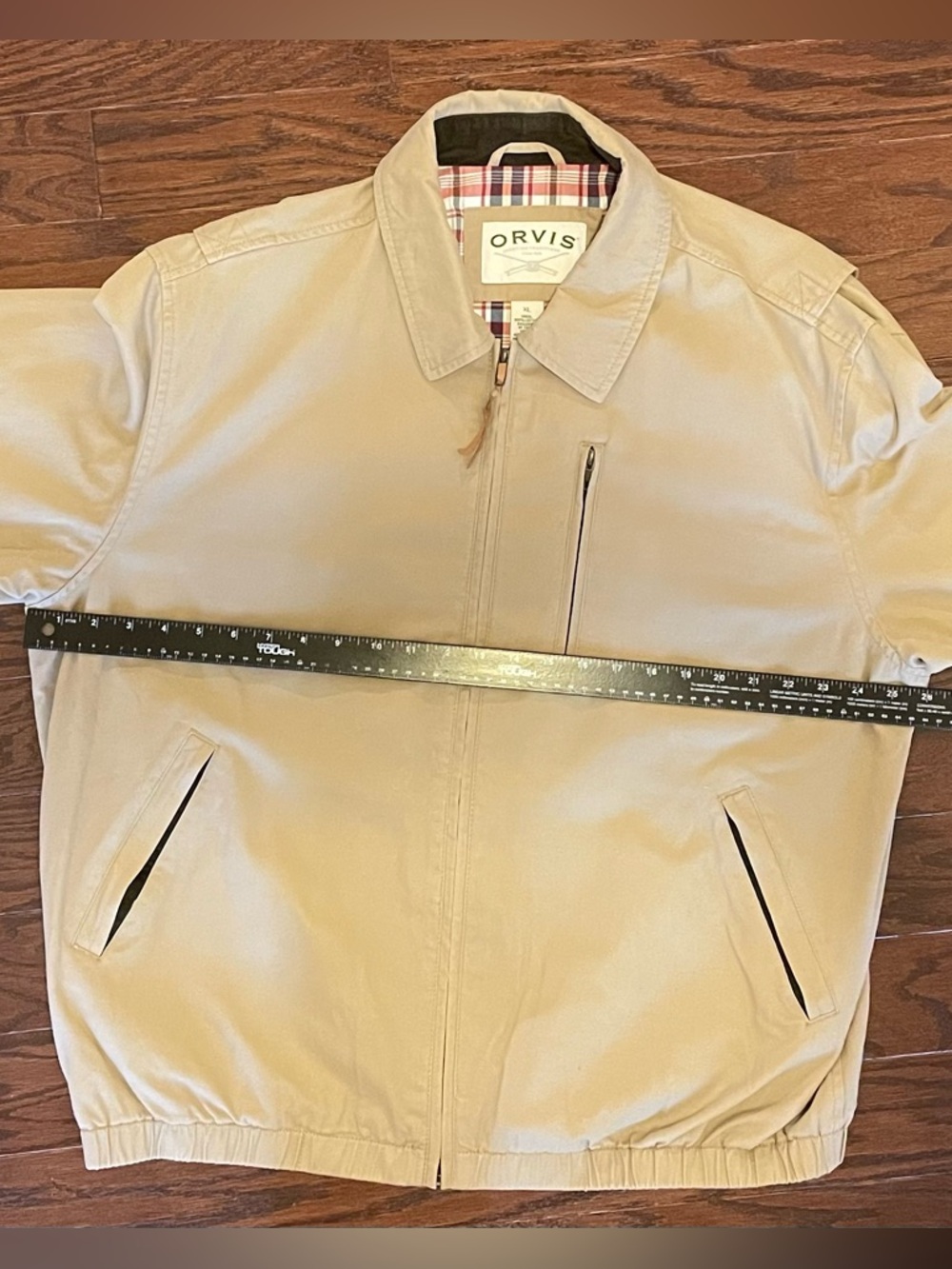 Orvis Tan Cotton Jacket with Red & Navy Plaid Lining - Picture 11 of 13